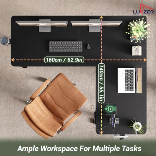 Image of Lukzer L-Shape Electric Height Adjustable Desk with USB & Type-C Digital Display Advance Memory Preset Sit Stand Home Office Table (EST-001 /UC-Black & Black /160 x 140 cm) DIY with 3 Years Warranty