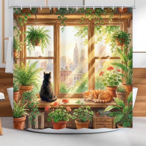 Vimorco Decor Polyester Shower Curtain with 12 Hooks,72x72 inch,Window Cats