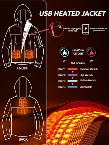 Men's Heated Jacket Waterproof with USB-A 4-Temp Control Lightweight for Skiing Hiking2