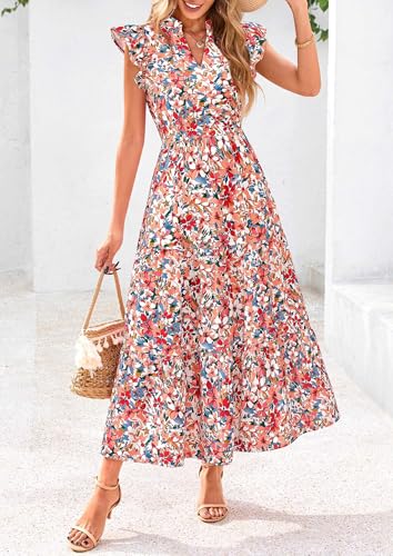 Image of PRETTYGARDEN Women's 2026 Summer Floral Midi Dress Cap Sleeve V Neck Ruffle Long Flowy Boho Casual Beach Vacation Dresses