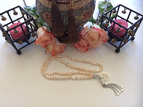 Artisan Hand Made ZamZam Tasbih Islamic Prayer Beads Peach Iridescent Ivory Cultured Pearls 99 Set with Silver Allah Charm