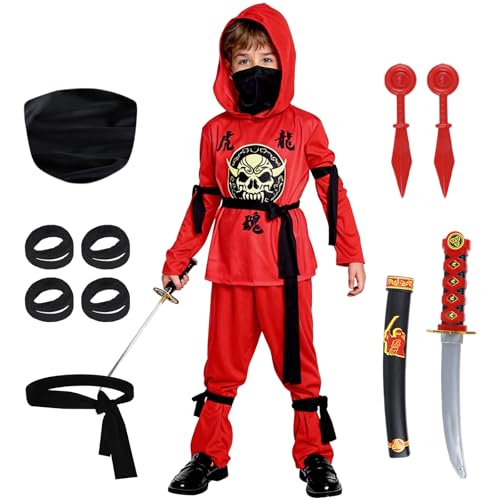 Kitimi Ninja Kostüm Kinder Rot, Faschingskostüme Kinder Jungen, Ninjago Kostüm Jungen Mädchen für Karneval Halloween Cosplay, Fasching Dress-up Party