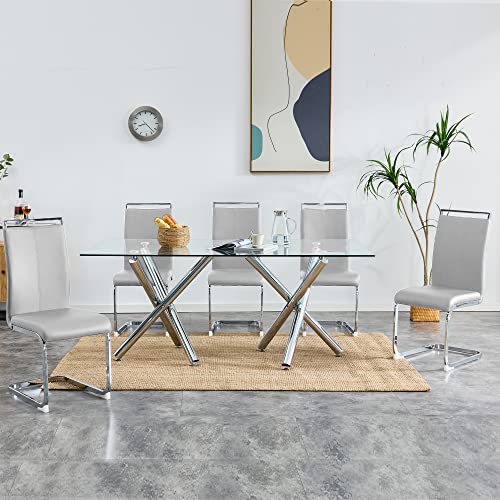 Azmac Glass Dining Table Set For 8, 71 Inch Dining Room Table Set, Large Modern Rectangle Dinner Tempered Glass Table With 8 Pu Leather Dining Chairs (Light Grey, 1 Table + 8 Chairs) #TOP2