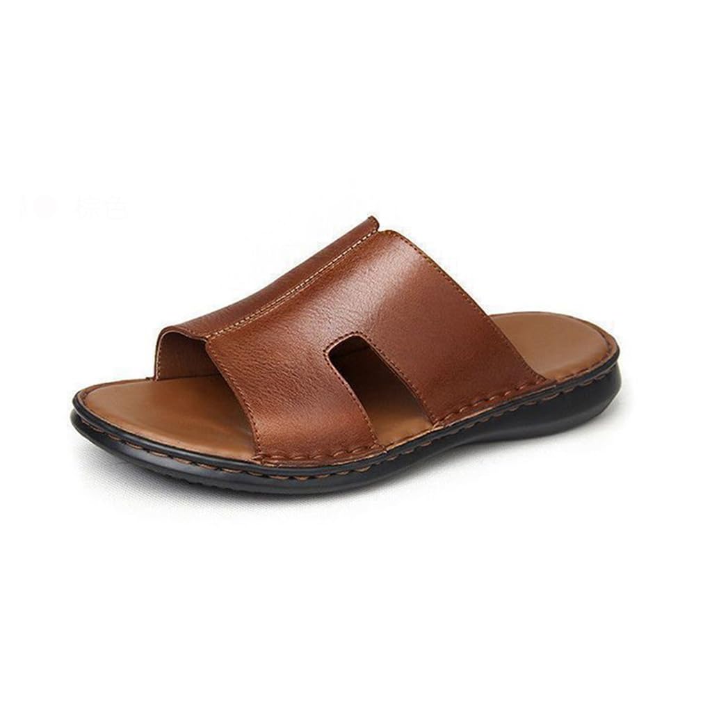 Yczhd Men's Dark Brown Handmade Leather Slippers,Non Slip Open Toe Outdoor Comfort Arch Support Sandals,Soft Leather Slippers(Size:eu 43,Color:dark Brown)