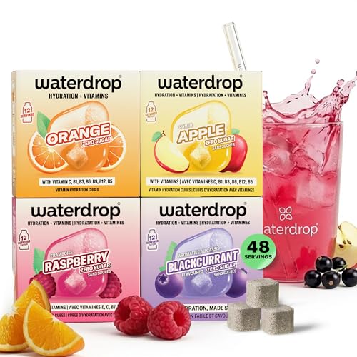 waterdrop Microdrink Classic Fruit Mix Set - 48 Water Flavouring Hydration Tablets Flavoured Water Cubes in Orange Apple Raspberry & Blackcurrant Flavours Vitamin C & B Vegan Sugar Free
