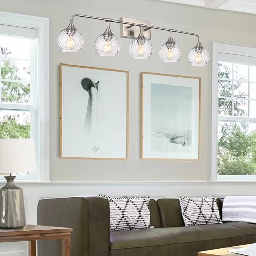 Image of MELUCEE 5-Light Bathroom Lights Over Mirror in Brushed Nickel Finish, Modern Vanity Lights with Clear Striped Swirl Glass Shade Indoor Metal Wall Light Fixtures for Kitchen Powder Room Foyer