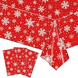 Kesfey 3 Packs Red Christmas Snowflake Tablecloth 51 x 87 Inch Frozen Snowflake Table Cloth Disposable Waterproof Winter White Snowflakes Plastic Tablecover for Red Christmas Party Dinner Decorations