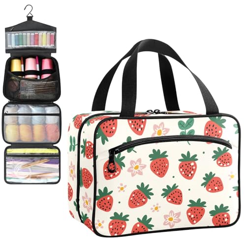 YNNALE Sewing Supply Organizer Bag, Strawberry Floral Pattern Beige Portable Sewing Bags with Pockets&Hanger, Sewing Storage Box Case for Sew Supplies/Kit/Tools/Accessories (BAG ONLY)