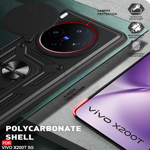 Image of AESTMO Tough Armor VIvo X200T 5G Bumper Back Case Cover | Ring Holder & Sliding Camera Shield Cover | 360 Degree Protection Back Case Cover for VIvo X200T 5G (Black)