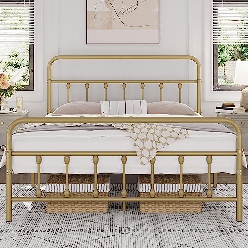 Yaheetech Classic Metal Platform Bed Frame Mattress Foundation with Victorian Style Iron-Art Headboard/Footboard/Under Bed Storage No Box Spring Needed Full Size Antique Gold
