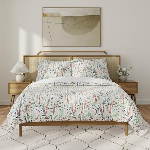 Image of QuickZip Duvet Cover with Zipper Closure - Ultra Soft Long-Staple 100% Cotton, Oeko-Tex Certified, Durable Interior Corner Ties, Corner Clips, King /Cal King, Reversible Wildflower /White (Sateen)