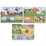 Melissa & Doug Wooden Peg Puzzles Set - Farm, Safari, and Vehicles