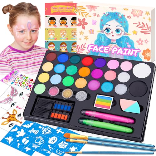 Chennyfun Multi-color Face Paint Kit, 24 Colors Professional Face Painting Kit, Water Based Paints With Rainbow Split Cake, Hair Chalks, Safe Body Painting for Carnival, Makeup & Party Cosplay
