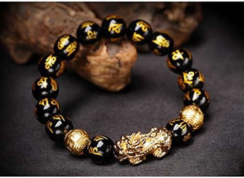 Macabolo Black Obsidian Wealth Beads Bracelet Lucky Wealthy Amulet Bracelet with Golden Pi Xiu