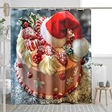 Duschvorhang mit weihnachtlichem Kuchen, Rot & Weiß, Feiertags-Duschvorhang für Badezimmer-Dekoration, festlich, saisonal, modern, wasserdicht, Stoff-Duschvorhang-Set mit Haken, 183 x 190 cm
