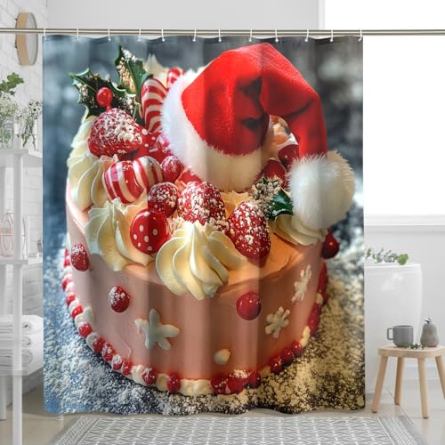 Duschvorhang mit weihnachtlichem Kuchen, Rot & Weiß, Feiertags-Duschvorhang für Badezimmer-Dekoration, festlich, saisonal, modern, wasserdicht, Stoff-Duschvorhang-Set mit Haken, 183 x 190 cm