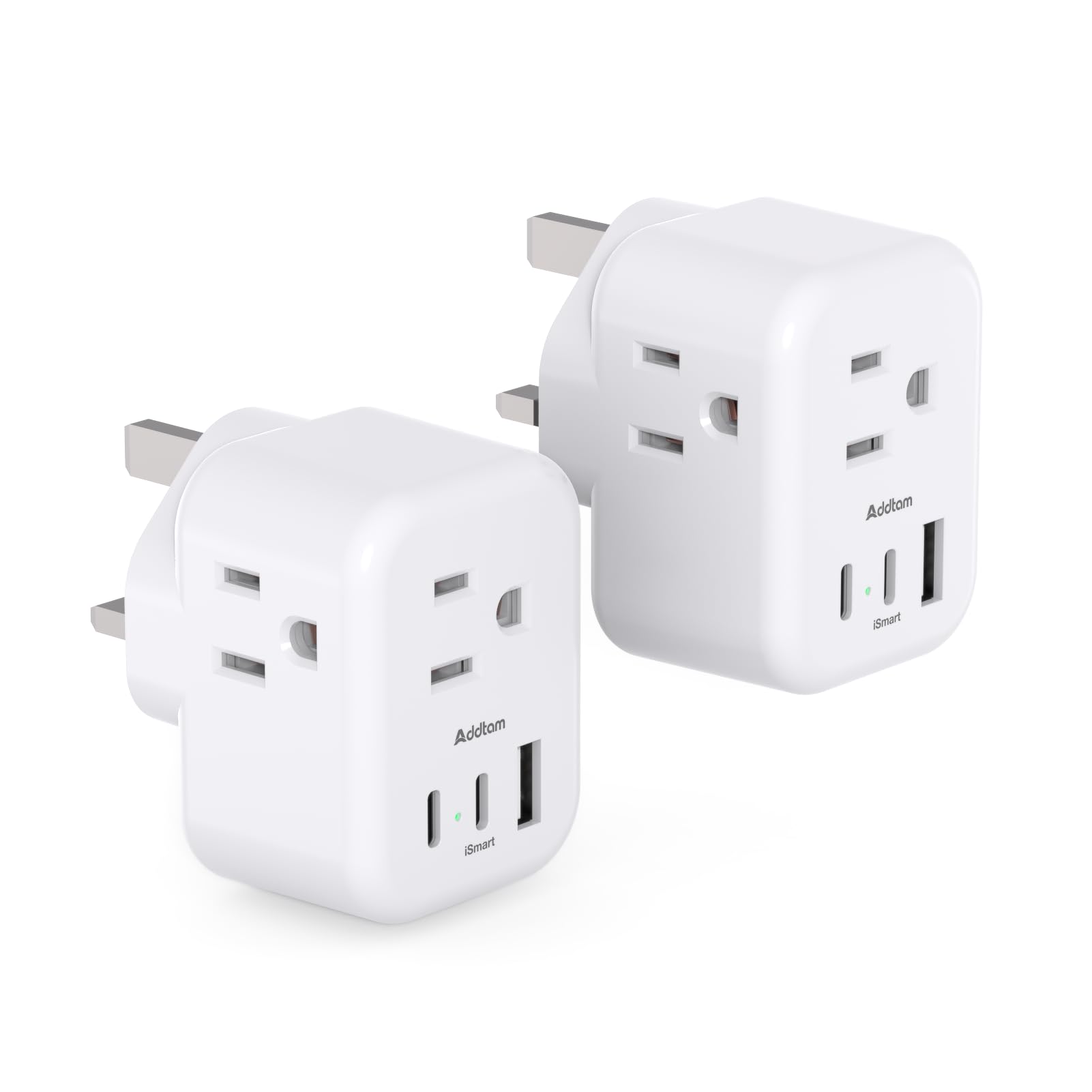2-Pack US/CA to UK Ireland Travel Plug Adapter, Addtam Type G Power Outlet Adapter with 3 AC Outlets 3 USB(2 USB C), Travel Essentials for USA to Dubai Scotland British London England Hong Kong Irish