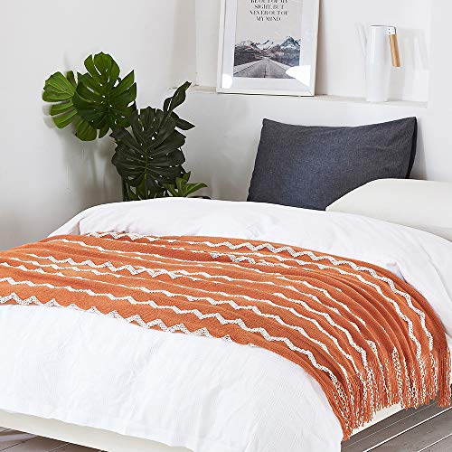 Bourina Fluffy Chenille Knitted Fringe Throw Blanket Lightweight Soft Cozy For Bed Sofa Chair Throw Blankets, Orange 50" X 60" #TOP3