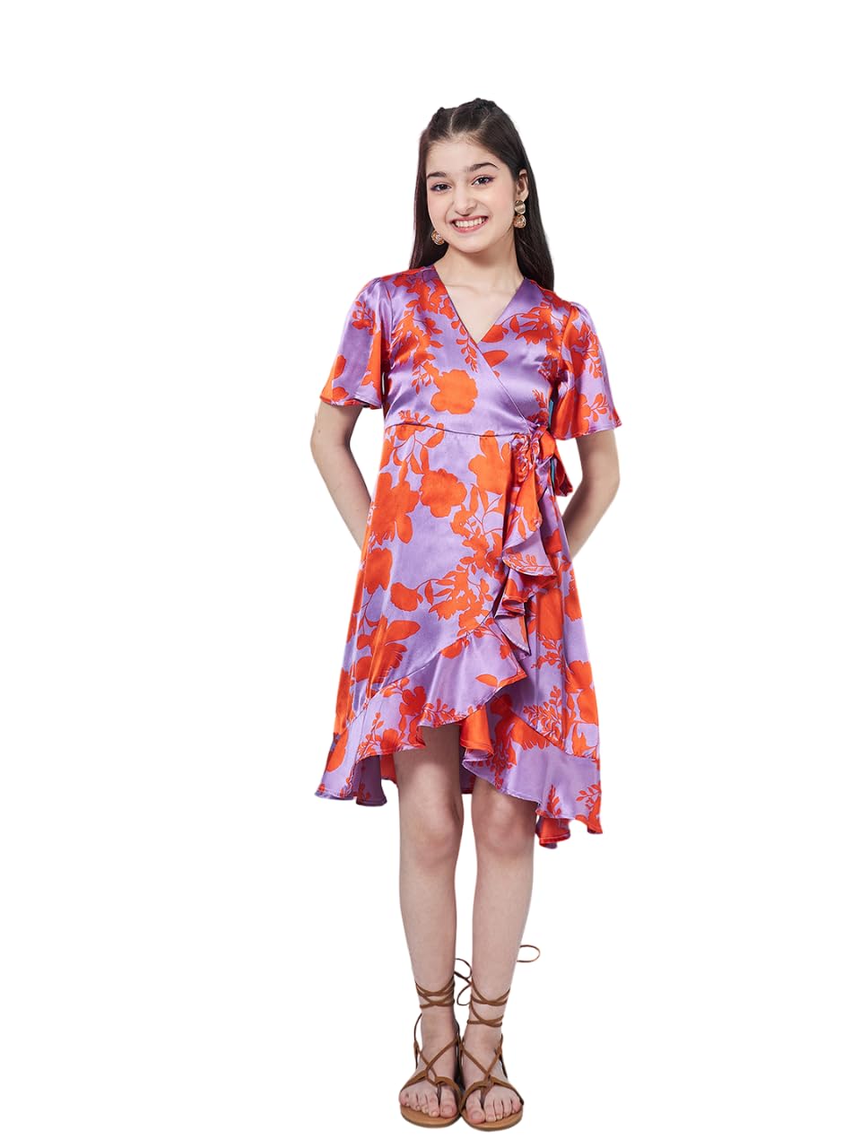 Pspeaches Girl's Floral Printed Flutter Sleeve Satin Wrap Dress Purple Color Stylish & Trendy (15-16Years)