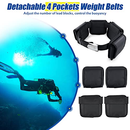 Scuba Weight Belt with Detachable 4 Pockets, Quick-Release Buckle Diving Pocket Weight Starp + 2 Pieces Weight Keepers, Adjustable Snorkeling Webbing Weight Pouch Belt fit for Waist 32\" to 52\"