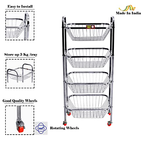 Image of Stainless steel kitchen Vegetable Basket Storage Trolley with 4 Wheel | Fruit Basket | Vegetable Basket | Onion Potato Rack for Kitchen | Vegetable Stand for Kitchen (34x14x12 10 MM)