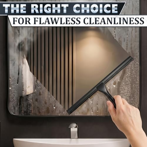 Image of Shower Door Squeegee with Hook - 14 inch Silicone Blade, Stainless Steel Black Squeegee for Shower Glass with Adhesive Mount - All-Purpose Bathroom Tile, Mirror, & Window Wiper for Streak-Free Cleaning