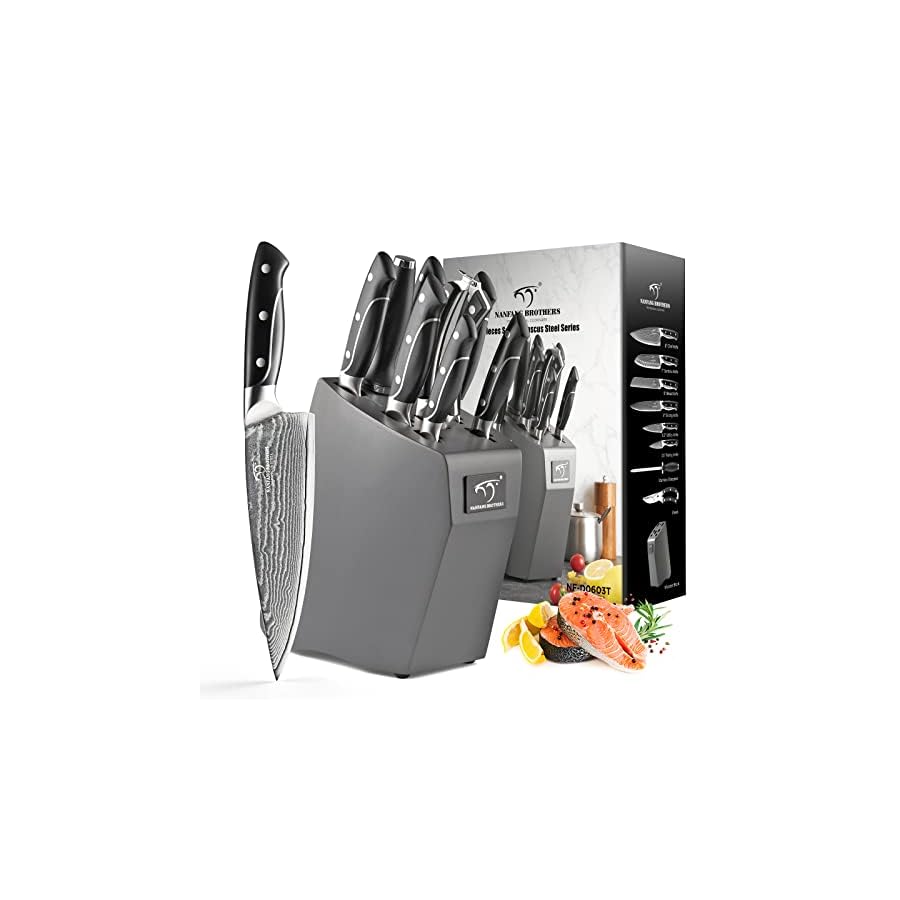 Damascus-Knife-Set-for-Kitchen-Kitchen-NANFANG-BROTHERS-Damascus-Steel-VG10-Kitchen-Knife-Set-with-Block-ABS-Ergonomic-Handle-Included-Chef-Knife-Knife-Sharpener-and-Kitchen-Shears-9-PCS Damascus Kitchen Knife Set with Block, Razor Sharp 67-Layer VG10 Steel and Triple Rivet Handle, Included Chef/Santoku/Utility/Bread/Paring Knives, Sharpener, Kitchen Shears-Wooden Block, 9Pcs