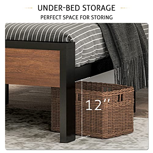 Sha Cerlin AK-JHH005 14 Inch Queen Size Metal Platform Bed Frame With Wooden Headboard And Footboard, Mattress Foundation, No Box Spring Needed, Large Under Bed Storage, Non-Slip Without Noise, Walnut thumb #3