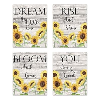 Sweet Jojo Designs Yellow Sunflower Boho Floral Wall Art Prints Room Decor for Baby, Nursery, and Kids - Set of 4 - Farmhouse Wood Grain Rustic Watercolor Flower Vintage Southern Country