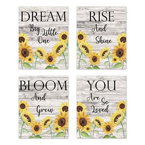 Image of Sweet Jojo Designs Yellow Sunflower Boho Floral Wall Art Prints Room Decor for Baby, Nursery, and Kids - Set of 4 - Farmhouse Wood Grain Rustic Watercolor Flower Vintage Southern Country