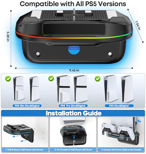 Image of P5 Wall Mount Kit Cooling Station with Dual Controller Charger, Floating Shelf Behind TV for P5 /Slim /Pro, Wall Bracket Compatible with P5 Disc & Digital, 9 RGB Lights P5 Fan Accessories, Black