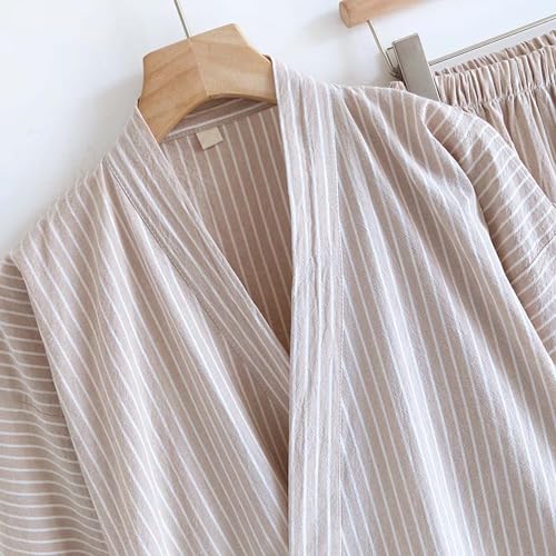 Classical Traditional Japanese Style Pajamas, Stylish Cotton Bathrobe Kimono Pajamas Casual Clothes for Men and Women, Beige Stripe3