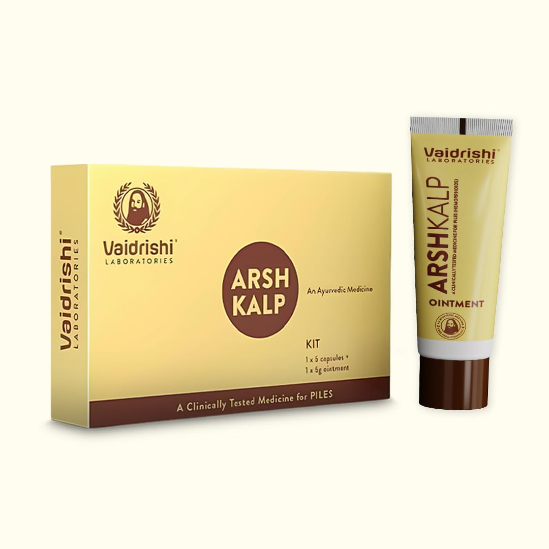 VAIDRISHI Arshkalp Kit to relieve Piles & Fissure naturally | Helps in Reducing Inflammation | Effective relief without dependency | Control Bleeding | 100% Natural and Herbal | Pack of 1 | 6 Capsules + 6g Ointment-image-20