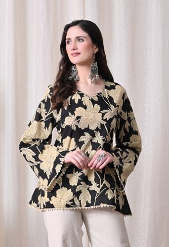Image of MEERA FAB Women's Summer Floral Printed Cotton Short Kurta Bell Sleeves | Floral Printed Kurta | Short Kurti for Women