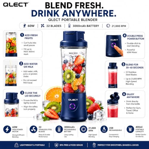 Image of QLECT Portable Juicer Blender 400ML, 22 Stainless Steel Blades, 3000mAh Battery, 7.4V Motor, USB Type-C Rechargeable Smoothie Maker for Fruits, Protein Shakes & Travel(Blue)