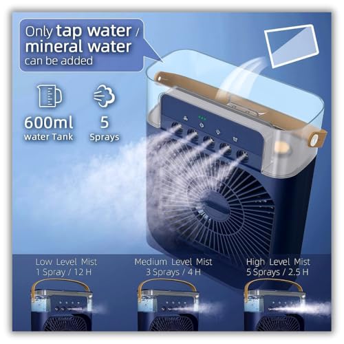 Image of Drumstone ๐๐-๐๐๐๐ซ ๐๐จ๐ง๐ -๐๐ข๐๐ ๐๐๐ซ๐ซ๐๐ง๐ญ๐ฒ, Portable Mini Air Conditioner, USB Powered AC Cooler Fan with Water Cooling, 3 Speed, 60 Degree Airflow, LED Light, Personal Desk Fan