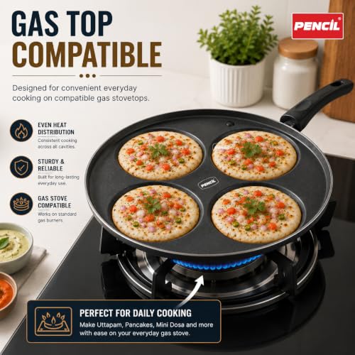 Image of Pencil Signature Non Stick Uttapam Tawa(4Pits) | 4 Cavities | Uttapam Maker | Pan Cake Maker | Gas Top Compatible Tawa | Durable and Efficient
