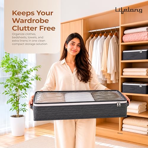 Image of Lifelong Multipupose Storage Bag for Home | Underbed Organizer for Blanket, Clothes & Comforter | Non-Woven Fabric & Transparent Window | Storage Bag for Clothes | (100 x 15 x 45) | (LLUBS01, Grey)