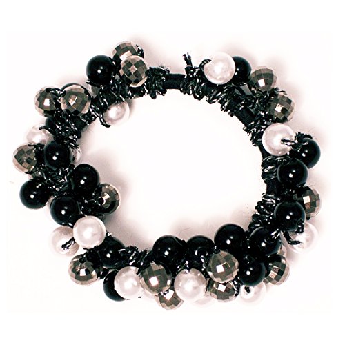 Mia Beaded Ponytailer-2 in 1 Hair Accessory Or Bracelet-Pretty Metallic White Pearls And Beautiful Black Beads On A Black Elastic Rubberband-Measures 0.25 Inches Wide-One Size Fits All-1 piece