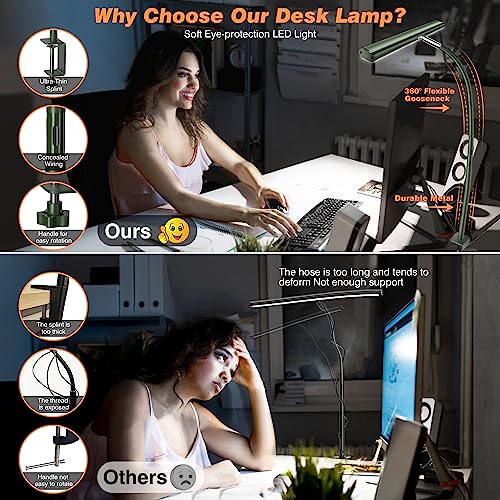 Image of Airlonv LED Desk Lamp for Office Home, Eye-Caring Desk Light with Stepless Dimming Adjustable Flexible Gooseneck, 10W USB Adapter Desk Lamp with Clamp for Reading, Study, Workbench (Green)