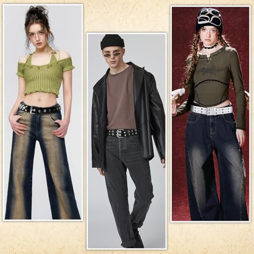 3 Pcs Black White Star Belt Punk Rock Belt with Grommet Threads Bright Metal Pyramid Gothic Belts for Women Men2