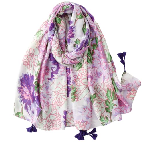 WaJuemy Travel Boho Scarf for Women Casual Lightweight Pashmina Scarves Fashion Multicolor Shawl Wraps with Fringed Beads (06 Purple/Pink Floral)