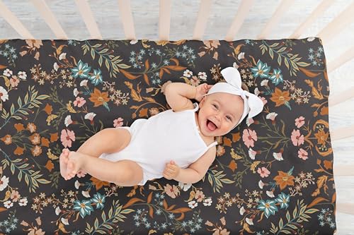 Image of Sweet Jojo Designs Fitted Baby Crib Sheets (Black Wildflower Vintage Floral) for Girls, Infant Nursery, Toddler Room - Standard Size (Boho, Paisley, Bohemian, Cottagecore, Farmhouse, Flower Garden)