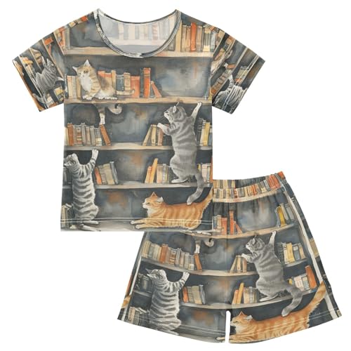 senya Short Sleeve Pajamas Sets Summer Cotton Sleepwear Cats Playing Bookshelf