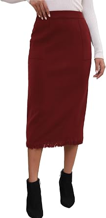 HERBATOMIA Womens Midi Ribbed Skirt Fringe Stretchy Pencil Back Slit Knit Long Sweater Skirts for Women with Pockets