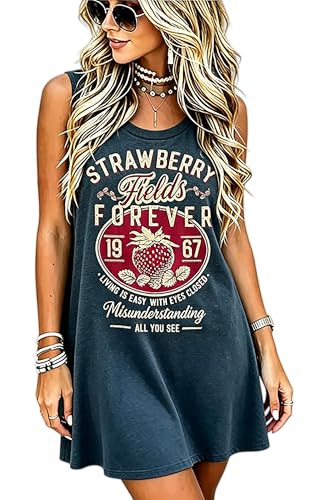 Image of Vintage Rock Country Music Dress for Women Rock Concert Band Graphic Tshirt Casual Letter Print Short Dress