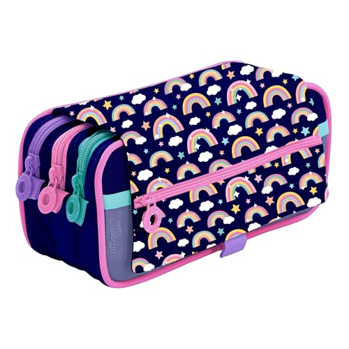 Office Box Estojo triplo design original - 3 grandes secções interiores com fecho de correr individual, vários bolsos, horário e identificador by Colorline, Arco-íris, Necessores