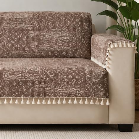 Image of STITCHNEST Artisoul Series Chenille Sofa Cover 1 Seater Fully Covered with 2 Hand Rest Covers | Premium Heavy Fabric, Washable & Fade Resistant | Beige Sofa Protector with Tassels | Size 24x60 Inch