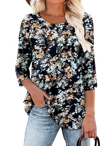 KISSMODA Tunic Tops for Women Loose Fit Dressy Round Neck Pleated 3/4 Length Sleeve Spring Tops
