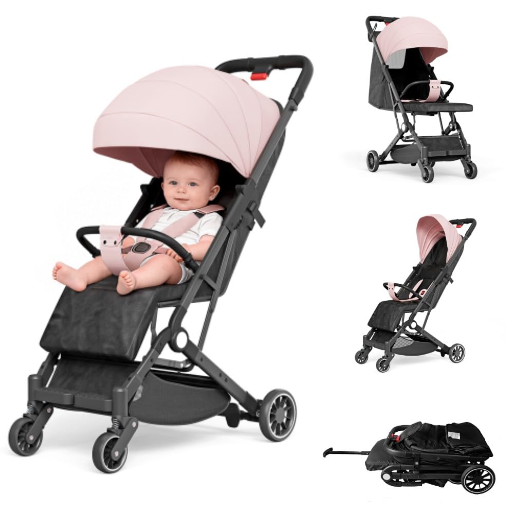 OHMG Poussette Canne, Poussettes citadines,0-4 ans,0-22 kg,Poussette Bebe Légère et Compacte,3 Positions d'Inclinaison,Position Allongée,Pliage Automatique,Bandoulière,Repose-Jambes (Rose-63x30x101cm)